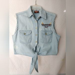 Women's Vintage Biker Denim CROP Shirt Tie Front Sleeveless Laughlin 2002 LARGE